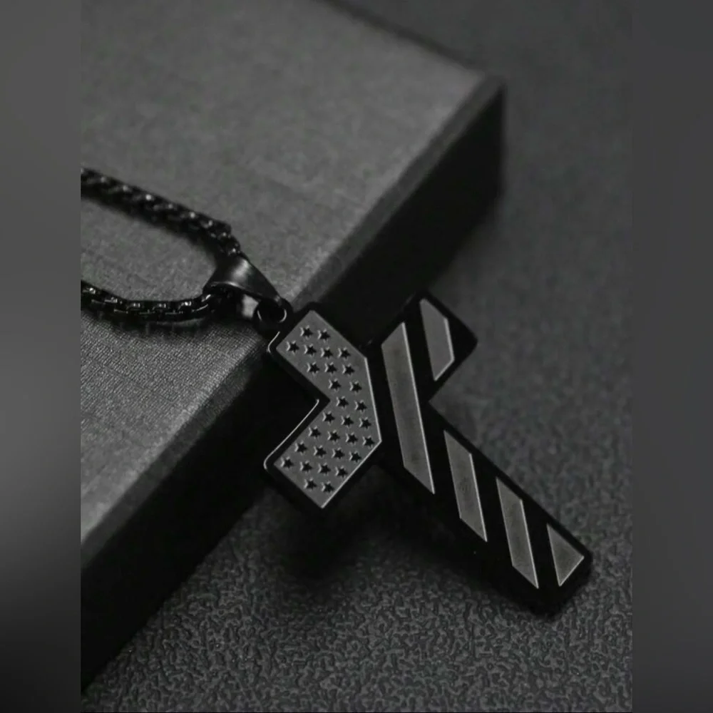 Black American Flag Cross Necklace with‎ Lord’s Prayer
